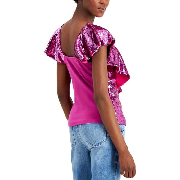 I-N-C Women's Sequin Ruffle Blouse Top V Neck Cap Sleeves Pink Size Large - Picture 2 of 4